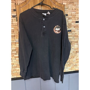 Vtg Tazmanian Devil Taz Looney Tunes Sz L Long Sleeve Henley Shirt Embroidered